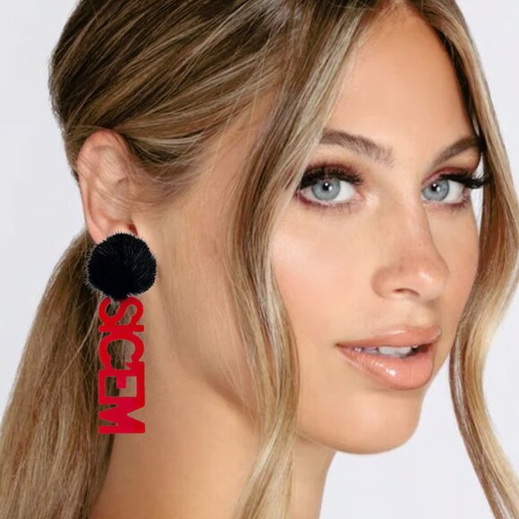 UGA Georgia Football SICEM Acrylic & Fur Pom-Pom Earrings - Picture 1 of 2